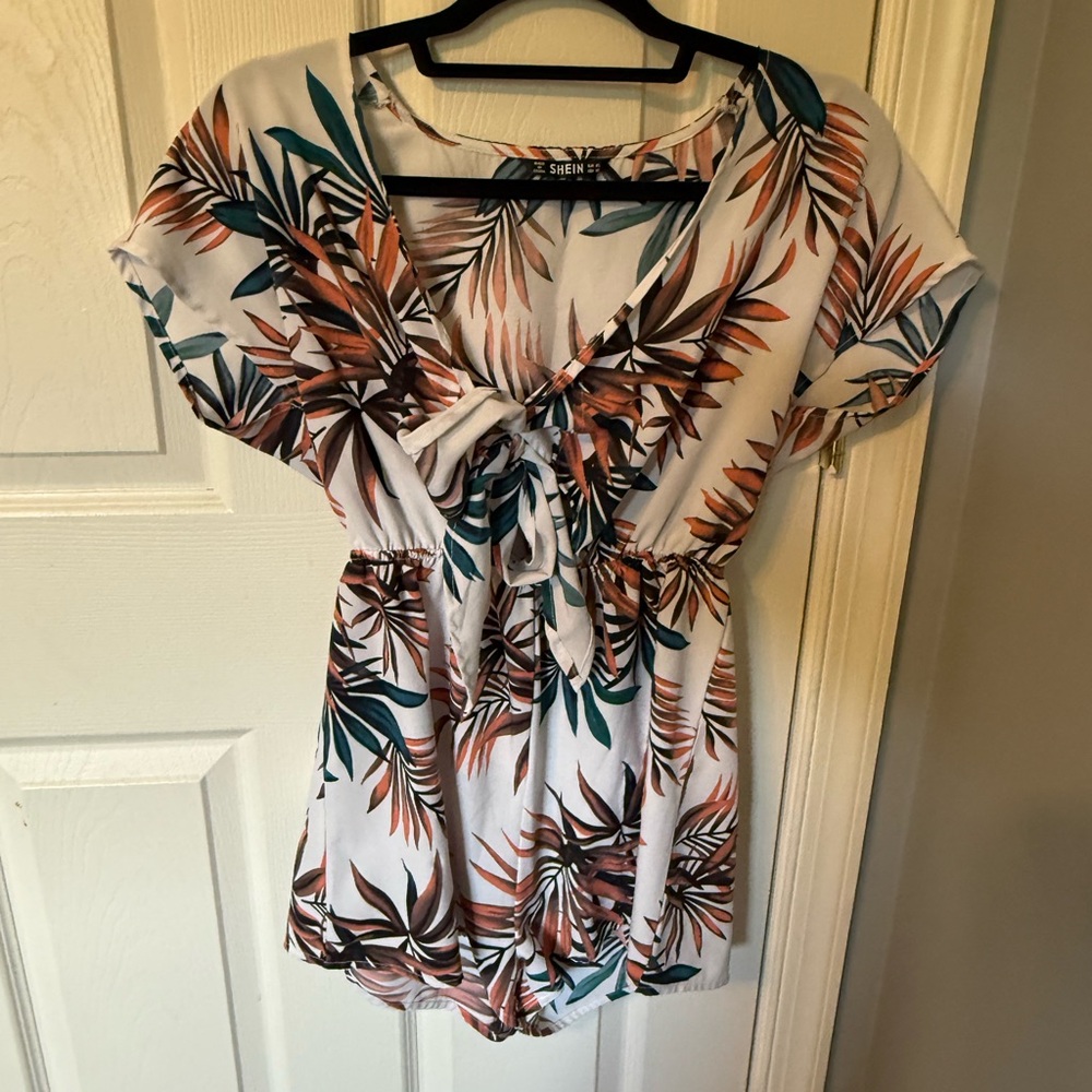 SHEIN Leaf Print Blouse - White and Brown